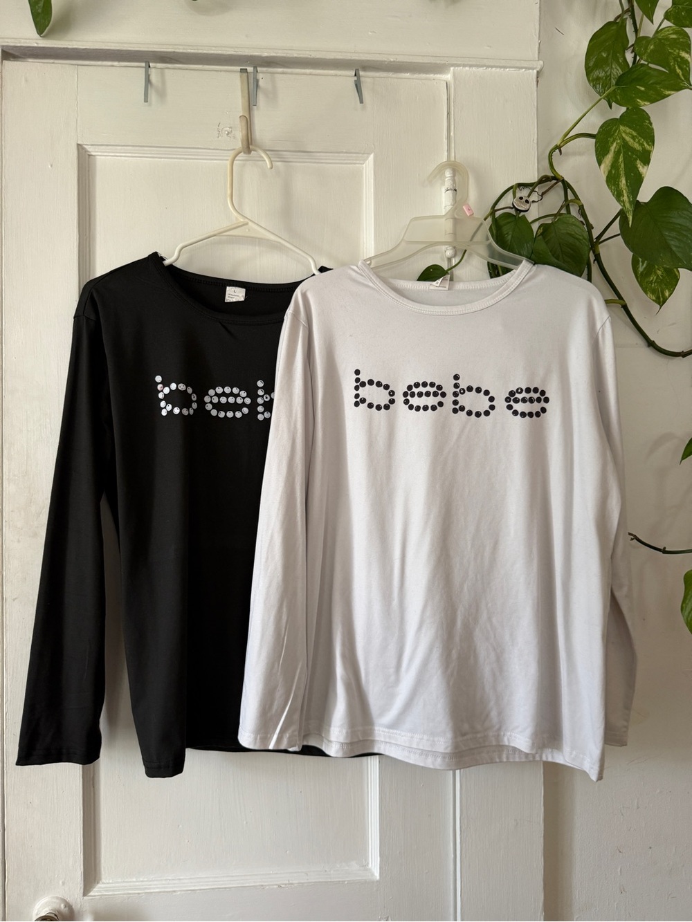 bebe women’s (2) Long Sleeve Logo Tee - Black & White BEBE